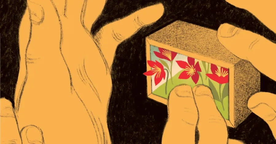 Illustration of hands opening a small box of flowers